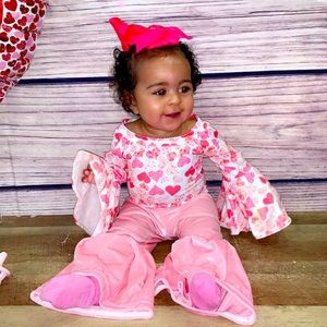 Velvet pink pants, bell sleeve heart onesie. 9-12 months.